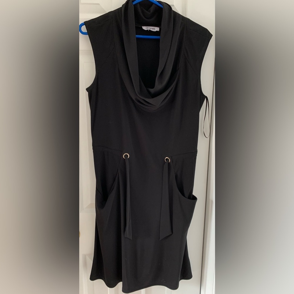 ENCHANTE Black dress, LBD, sleeveless, v-cowl neckline, soft tie waisted,